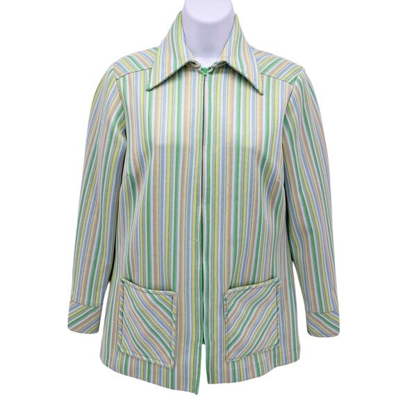 Vintage Jackets & Blazers - VINTAGE 60s 70s Striped Mod Zip Up Women’s Shirt Jacket Size M